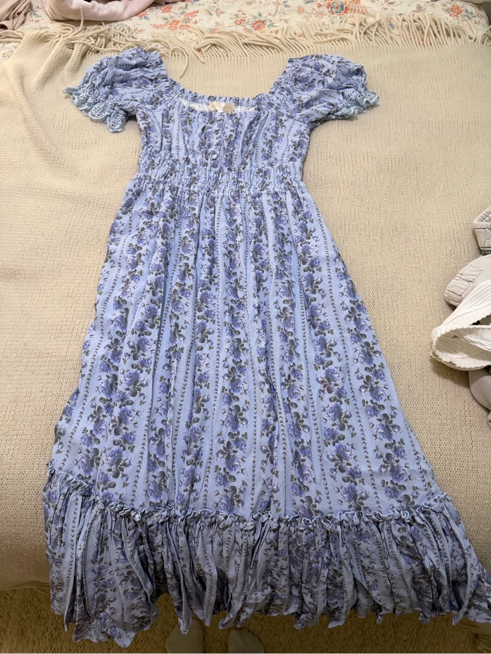 LoveShackFancy Pale Blue Floral Smocked Puff-Sleeve Midi Dress